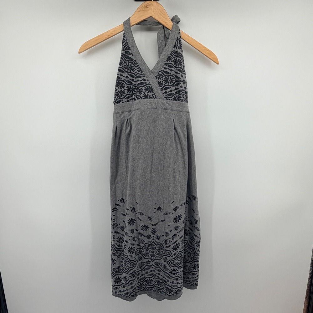 Athleta Floral Block Print Halter Dress Size M Gray Black Boho Summer Casual - Picture 2 of 7